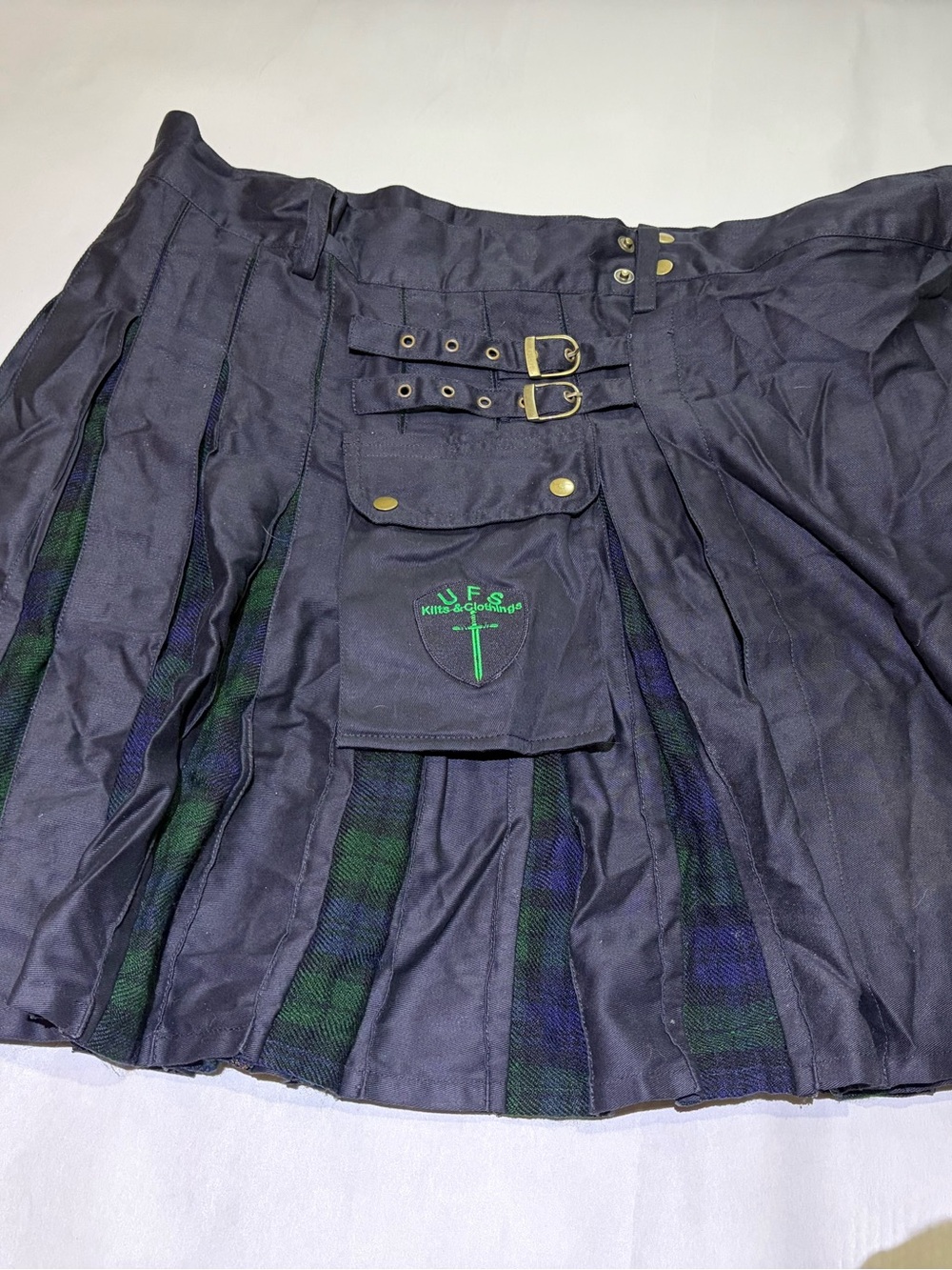 Men’s Kilt - black with blue & green plaid inlay on the pleats